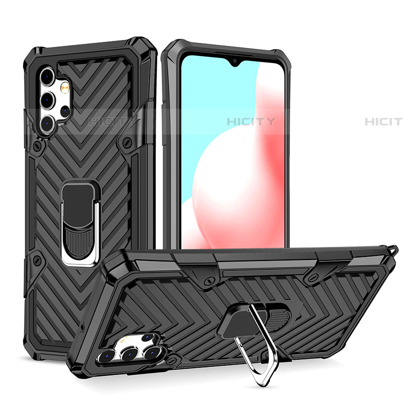 Silikon Hülle Handyhülle und Kunststoff Schutzhülle Hartschalen Tasche mit Magnetisch Fingerring Ständer YF1 für Samsung Galaxy A32 5G Schwarz Plus