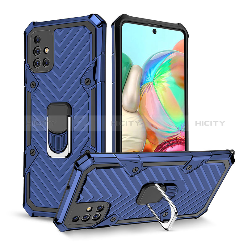 Silikon Hülle Handyhülle und Kunststoff Schutzhülle Hartschalen Tasche mit Magnetisch Fingerring Ständer YF1 für Samsung Galaxy A71 4G A715 Blau