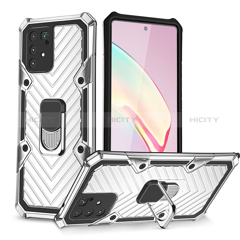 Silikon Hülle Handyhülle und Kunststoff Schutzhülle Hartschalen Tasche mit Magnetisch Fingerring Ständer YF1 für Samsung Galaxy A91 Silber