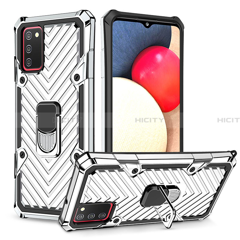 Silikon Hülle Handyhülle und Kunststoff Schutzhülle Hartschalen Tasche mit Magnetisch Fingerring Ständer YF1 für Samsung Galaxy F02S SM-E025F Silber