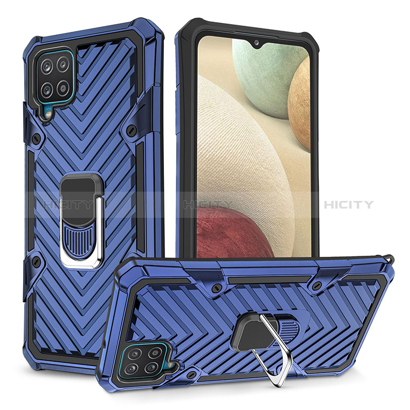 Silikon Hülle Handyhülle und Kunststoff Schutzhülle Hartschalen Tasche mit Magnetisch Fingerring Ständer YF1 für Samsung Galaxy F12 Blau Plus