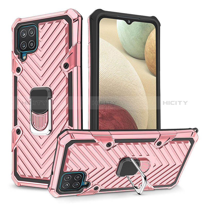 Silikon Hülle Handyhülle und Kunststoff Schutzhülle Hartschalen Tasche mit Magnetisch Fingerring Ständer YF1 für Samsung Galaxy F12 Rosegold Plus