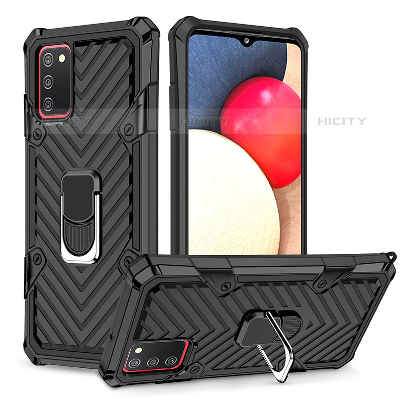 Silikon Hülle Handyhülle und Kunststoff Schutzhülle Hartschalen Tasche mit Magnetisch Fingerring Ständer YF1 für Samsung Galaxy M02s