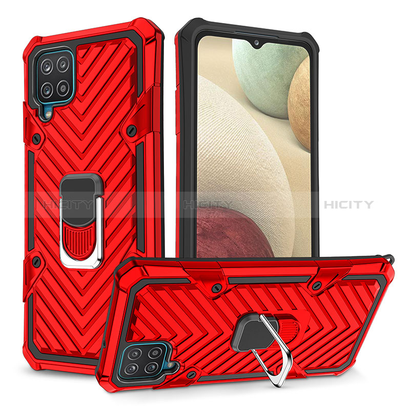 Silikon Hülle Handyhülle und Kunststoff Schutzhülle Hartschalen Tasche mit Magnetisch Fingerring Ständer YF1 für Samsung Galaxy M12 Rot