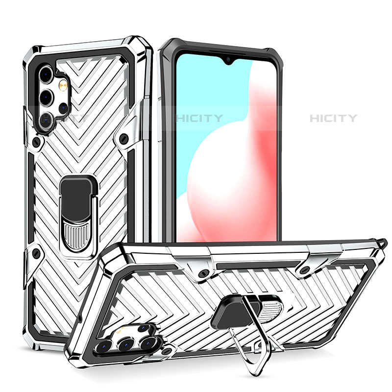 Silikon Hülle Handyhülle und Kunststoff Schutzhülle Hartschalen Tasche mit Magnetisch Fingerring Ständer YF1 für Samsung Galaxy M32 5G Silber Plus