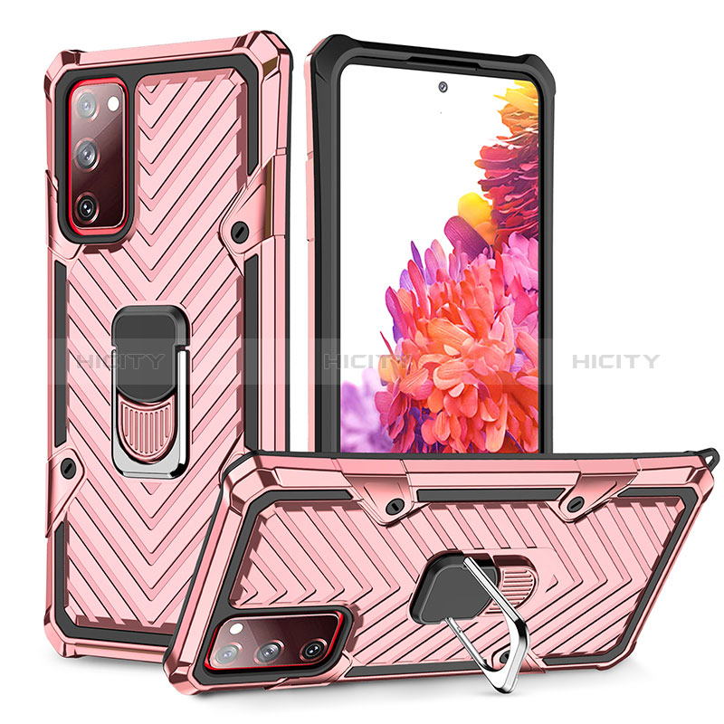 Silikon Hülle Handyhülle und Kunststoff Schutzhülle Hartschalen Tasche mit Magnetisch Fingerring Ständer YF1 für Samsung Galaxy S20 FE 4G Rosegold