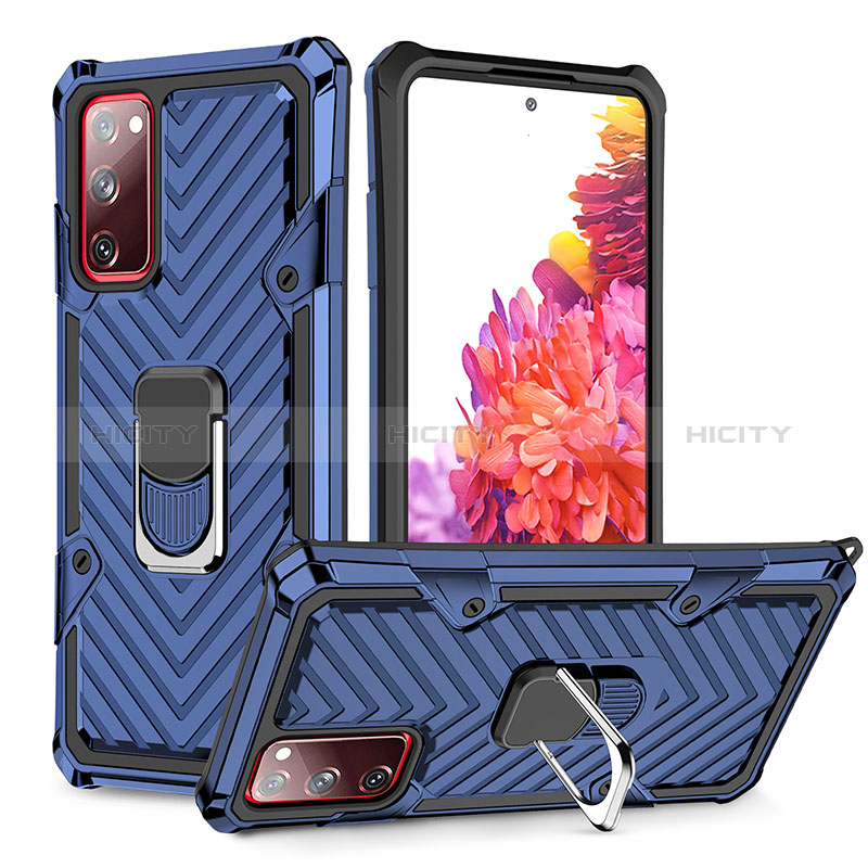 Silikon Hülle Handyhülle und Kunststoff Schutzhülle Hartschalen Tasche mit Magnetisch Fingerring Ständer YF1 für Samsung Galaxy S20 FE 5G Blau Plus