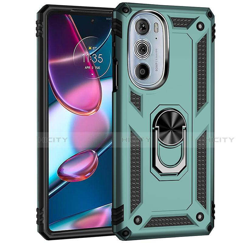 Silikon Hülle Handyhülle und Kunststoff Schutzhülle Hartschalen Tasche mit Magnetisch Fingerring Ständer Z01 für Motorola Moto Edge 30 Pro 5G Grün