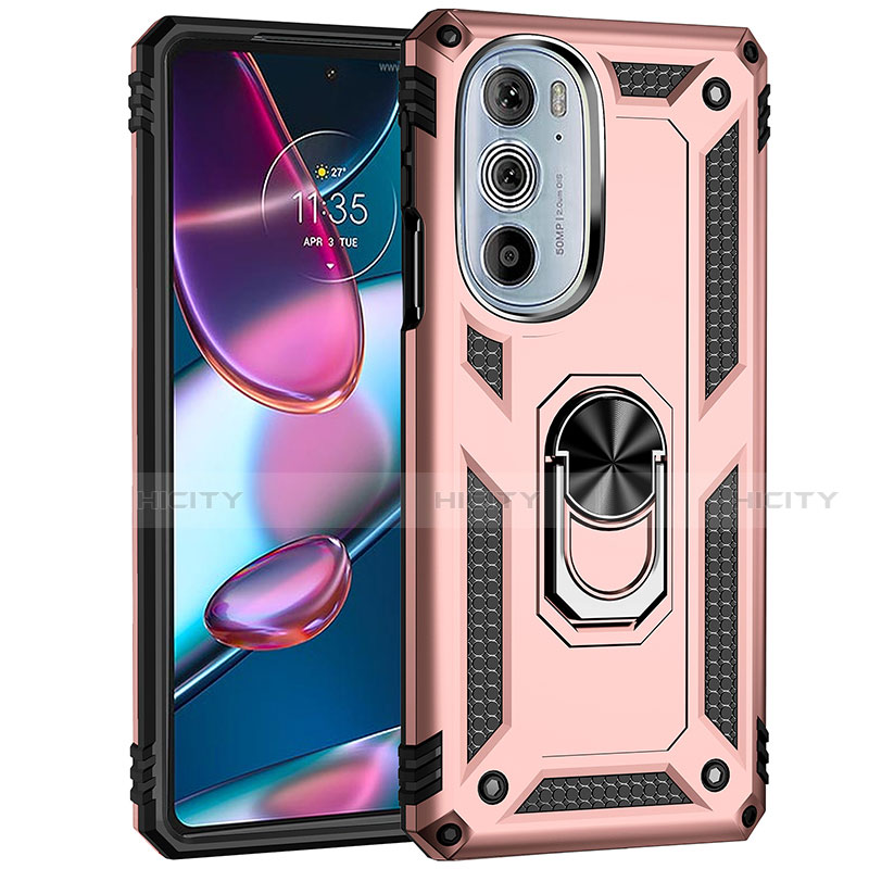 Silikon Hülle Handyhülle und Kunststoff Schutzhülle Hartschalen Tasche mit Magnetisch Fingerring Ständer Z01 für Motorola Moto Edge 30 Pro 5G Rosegold Plus