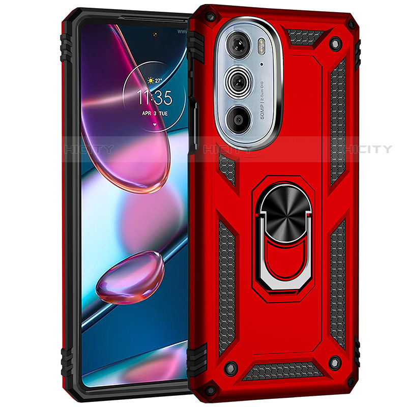 Silikon Hülle Handyhülle und Kunststoff Schutzhülle Hartschalen Tasche mit Magnetisch Fingerring Ständer Z01 für Motorola Moto Edge Plus (2022) 5G Rot Plus