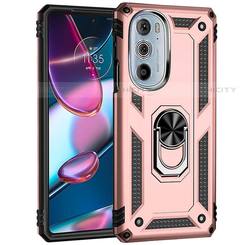 Silikon Hülle Handyhülle und Kunststoff Schutzhülle Hartschalen Tasche mit Magnetisch Fingerring Ständer Z01 für Motorola Moto Edge X30 5G Rosegold Plus