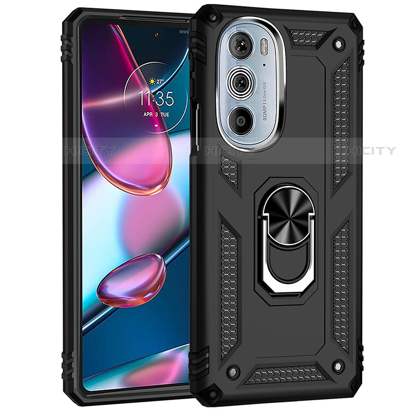 Silikon Hülle Handyhülle und Kunststoff Schutzhülle Hartschalen Tasche mit Magnetisch Fingerring Ständer Z01 für Motorola Moto Edge X30 5G Schwarz Plus