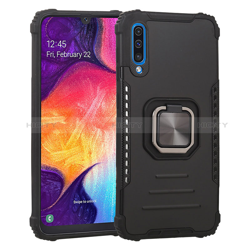 Silikon Hülle Handyhülle und Kunststoff Schutzhülle Hartschalen Tasche mit Magnetisch Fingerring Ständer ZJ2 für Samsung Galaxy A30S Schwarz