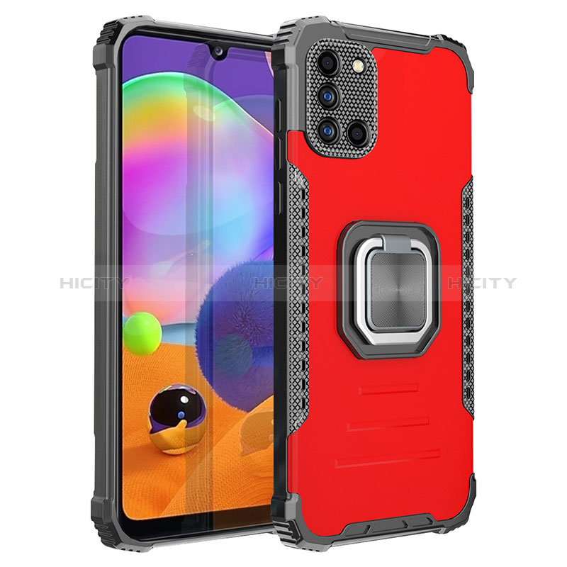 Silikon Hülle Handyhülle und Kunststoff Schutzhülle Hartschalen Tasche mit Magnetisch Fingerring Ständer ZJ2 für Samsung Galaxy A31 Rot Plus