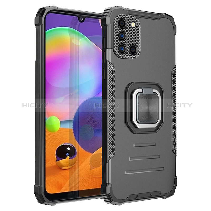 Silikon Hülle Handyhülle und Kunststoff Schutzhülle Hartschalen Tasche mit Magnetisch Fingerring Ständer ZJ2 für Samsung Galaxy A31 Schwarz