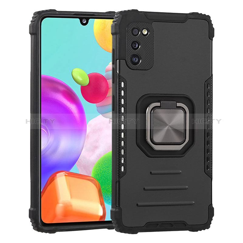 Silikon Hülle Handyhülle und Kunststoff Schutzhülle Hartschalen Tasche mit Magnetisch Fingerring Ständer ZJ2 für Samsung Galaxy A41 Schwarz