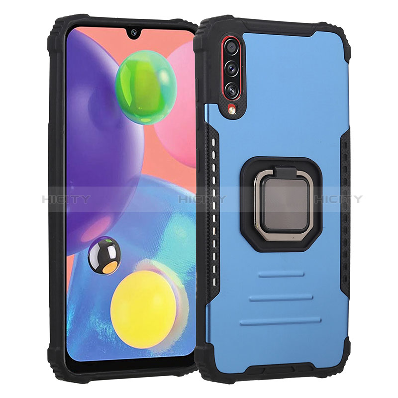 Silikon Hülle Handyhülle und Kunststoff Schutzhülle Hartschalen Tasche mit Magnetisch Fingerring Ständer ZJ2 für Samsung Galaxy A70 Blau