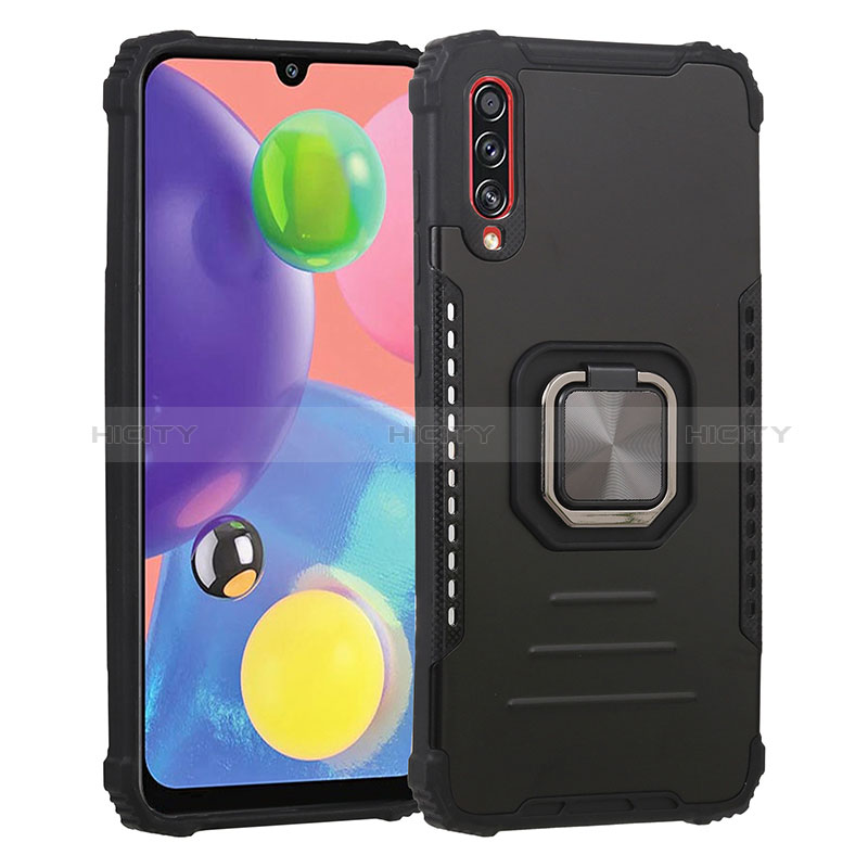 Silikon Hülle Handyhülle und Kunststoff Schutzhülle Hartschalen Tasche mit Magnetisch Fingerring Ständer ZJ2 für Samsung Galaxy A70 Schwarz