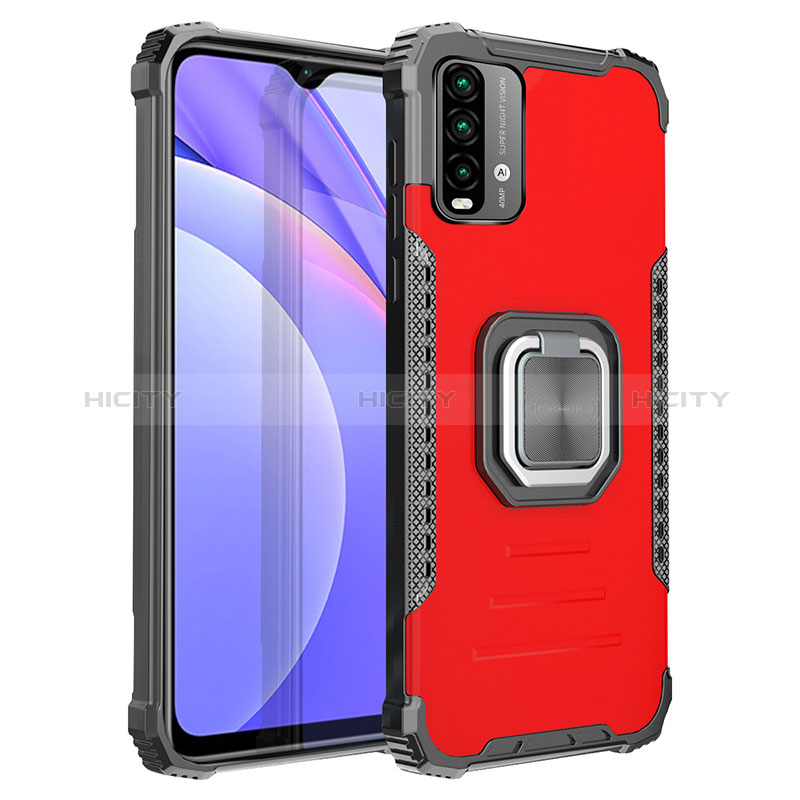 Silikon Hülle Handyhülle und Kunststoff Schutzhülle Hartschalen Tasche mit Magnetisch Fingerring Ständer ZJ2 für Xiaomi Redmi 9T 4G Rot