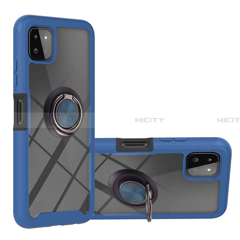 Silikon Hülle Handyhülle und Kunststoff Schutzhülle Hartschalen Tasche mit Magnetisch Fingerring Ständer ZJ5 für Samsung Galaxy A22 5G Blau