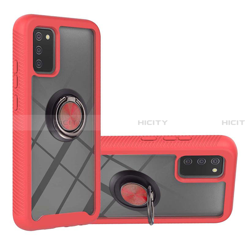 Silikon Hülle Handyhülle und Kunststoff Schutzhülle Hartschalen Tasche mit Magnetisch Fingerring Ständer ZJ5 für Samsung Galaxy F02S SM-E025F Rot