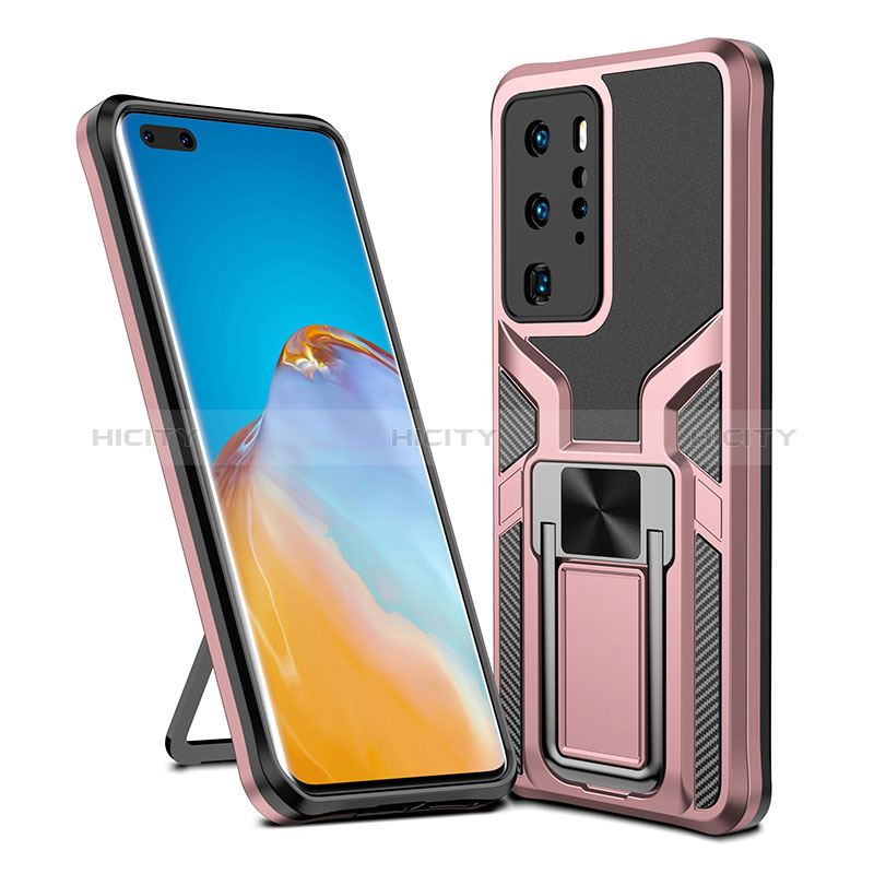 Silikon Hülle Handyhülle und Kunststoff Schutzhülle Hartschalen Tasche mit Magnetisch Fingerring Ständer ZL1 für Huawei P40 Pro Rosegold