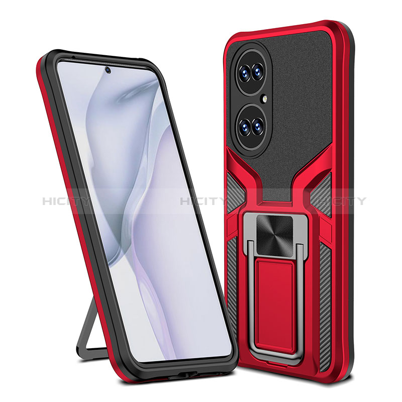 Silikon Hülle Handyhülle und Kunststoff Schutzhülle Hartschalen Tasche mit Magnetisch Fingerring Ständer ZL1 für Huawei P50 Rot Plus