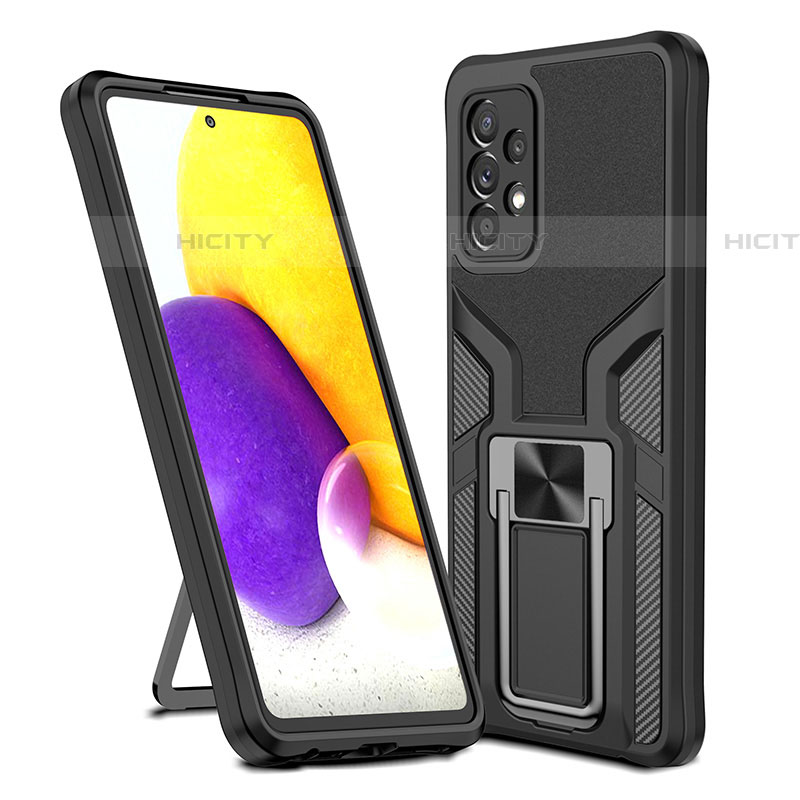 Silikon Hülle Handyhülle und Kunststoff Schutzhülle Hartschalen Tasche mit Magnetisch Fingerring Ständer ZL1 für Samsung Galaxy A72 4G Schwarz