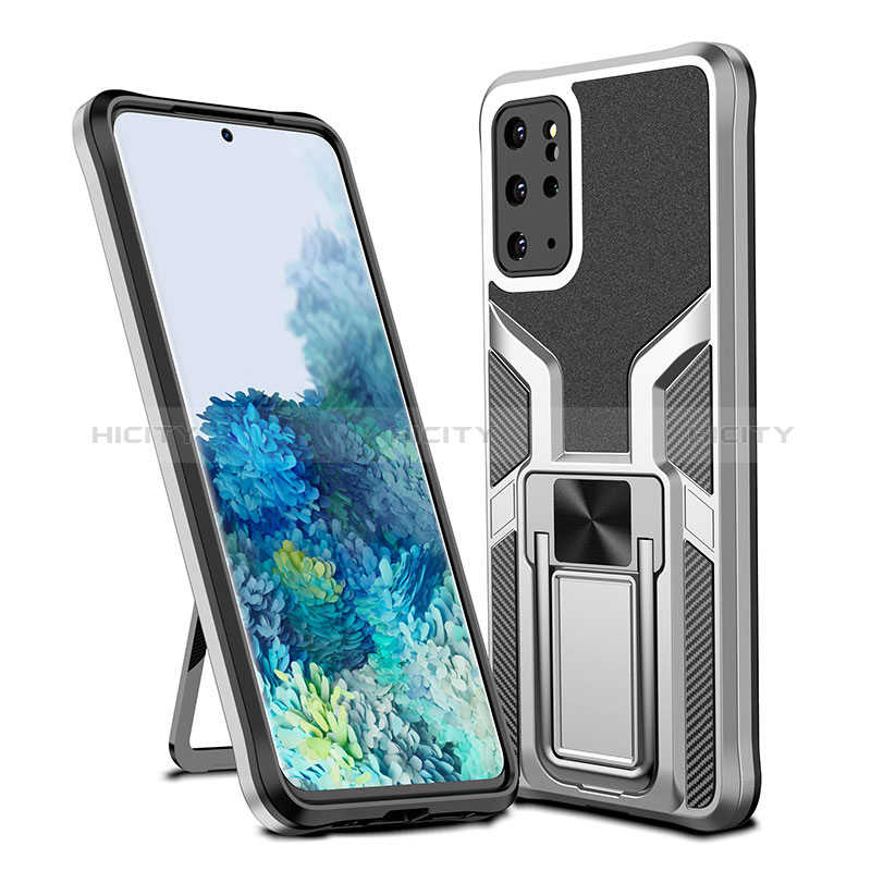 Silikon Hülle Handyhülle und Kunststoff Schutzhülle Hartschalen Tasche mit Magnetisch Fingerring Ständer ZL1 für Samsung Galaxy S20 Plus 5G Silber