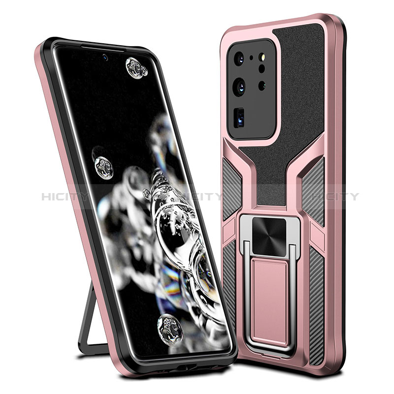 Silikon Hülle Handyhülle und Kunststoff Schutzhülle Hartschalen Tasche mit Magnetisch Fingerring Ständer ZL1 für Samsung Galaxy S20 Ultra 5G Rosegold