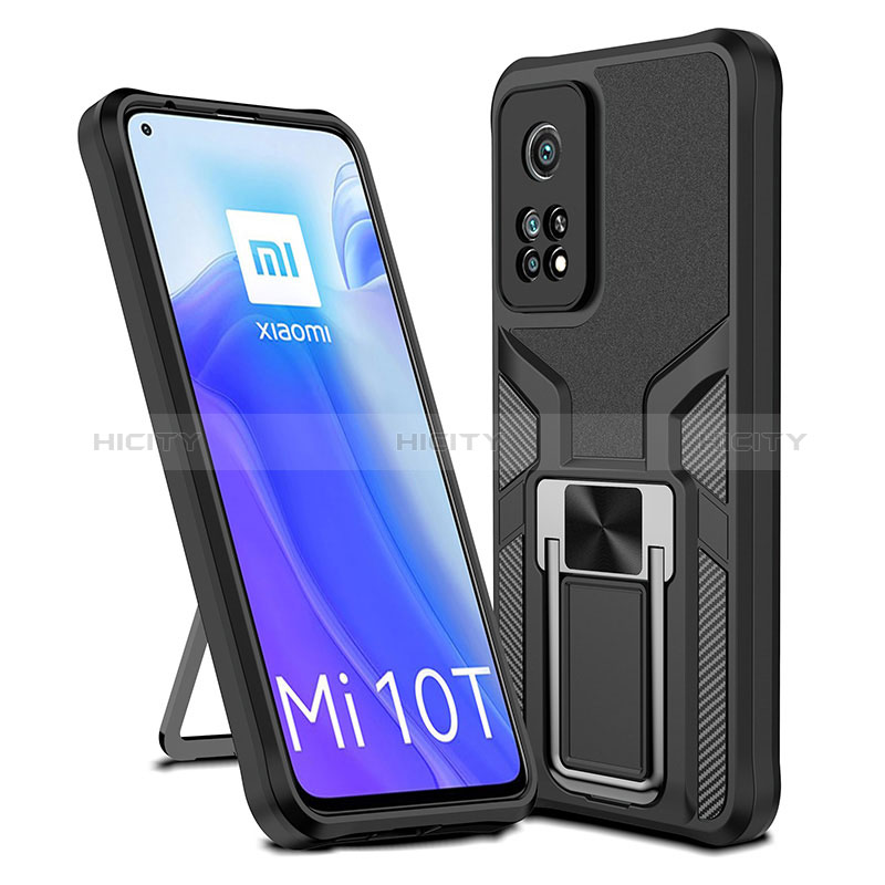 Silikon Hülle Handyhülle und Kunststoff Schutzhülle Hartschalen Tasche mit Magnetisch Fingerring Ständer ZL1 für Xiaomi Mi 10T Pro 5G Schwarz Plus