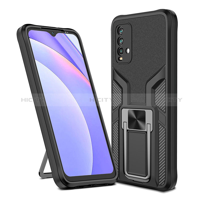 Silikon Hülle Handyhülle und Kunststoff Schutzhülle Hartschalen Tasche mit Magnetisch Fingerring Ständer ZL1 für Xiaomi Redmi 9 Power Schwarz Plus