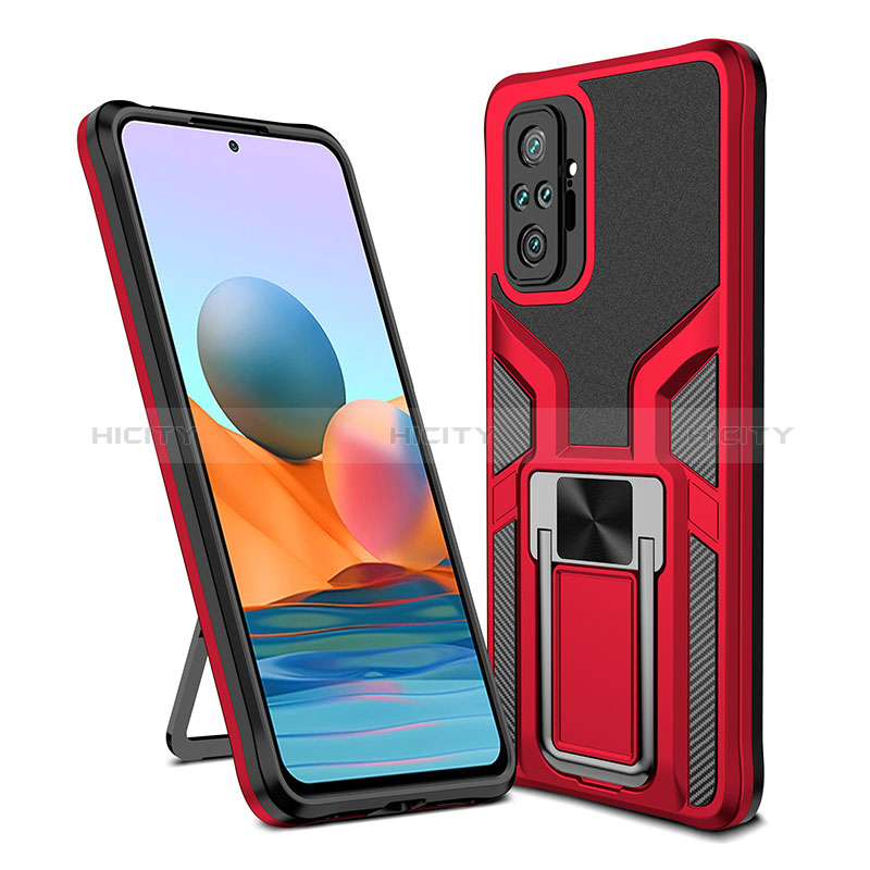 Silikon Hülle Handyhülle und Kunststoff Schutzhülle Hartschalen Tasche mit Magnetisch Fingerring Ständer ZL1 für Xiaomi Redmi Note 10 Pro 4G Rot Plus