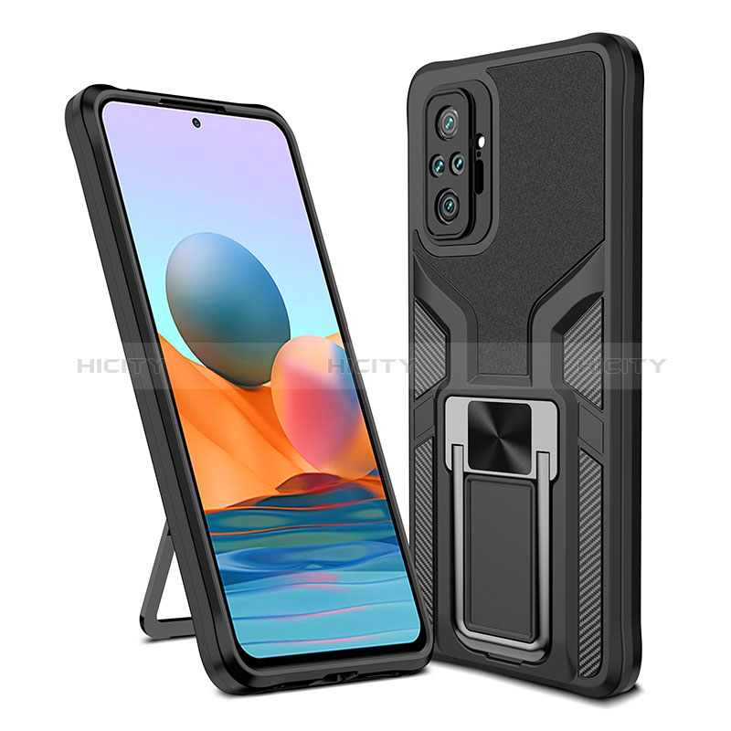 Silikon Hülle Handyhülle und Kunststoff Schutzhülle Hartschalen Tasche mit Magnetisch Fingerring Ständer ZL1 für Xiaomi Redmi Note 10 Pro 4G Schwarz Plus