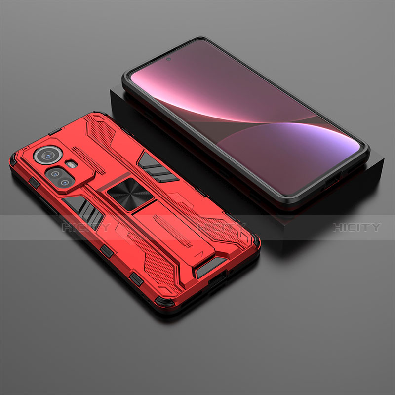 Silikon Hülle Handyhülle und Kunststoff Schutzhülle Hartschalen Tasche mit Magnetisch Ständer A01 für Xiaomi Mi 12 5G Rot