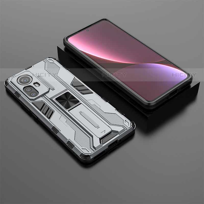 Silikon Hülle Handyhülle und Kunststoff Schutzhülle Hartschalen Tasche mit Magnetisch Ständer A01 für Xiaomi Mi 12S Pro 5G Grau