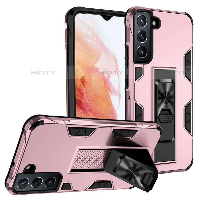 Silikon Hülle Handyhülle und Kunststoff Schutzhülle Hartschalen Tasche mit Magnetisch Ständer A04 für Samsung Galaxy S21 5G Rosegold Plus