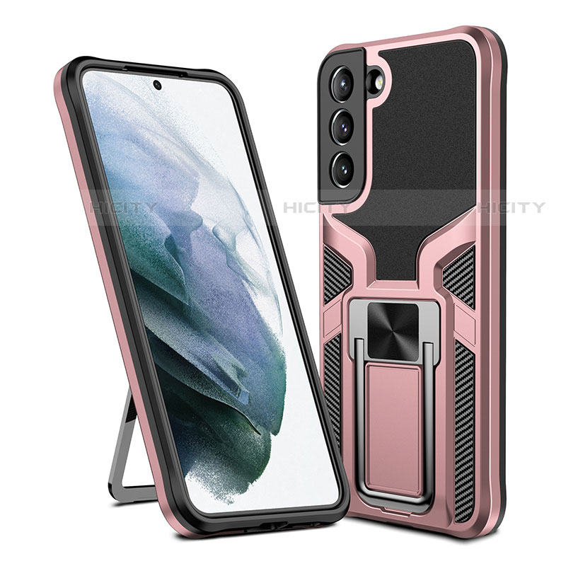 Silikon Hülle Handyhülle und Kunststoff Schutzhülle Hartschalen Tasche mit Magnetisch Ständer A05 für Samsung Galaxy S21 Plus 5G Rosegold Plus