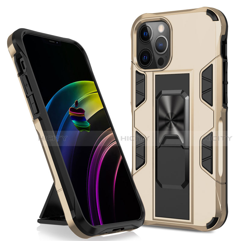 Silikon Hülle Handyhülle und Kunststoff Schutzhülle Hartschalen Tasche mit Magnetisch Ständer für Apple iPhone 12 Pro Max Gold Plus