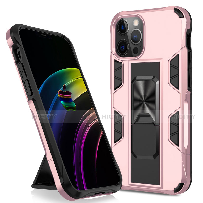 Silikon Hülle Handyhülle und Kunststoff Schutzhülle Hartschalen Tasche mit Magnetisch Ständer für Apple iPhone 12 Pro Max Rosegold Plus