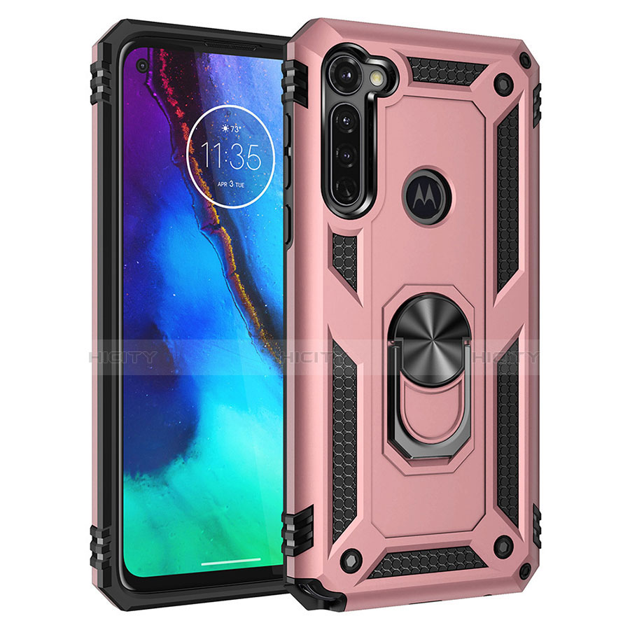 Silikon Hülle Handyhülle und Kunststoff Schutzhülle Hartschalen Tasche mit Magnetisch Ständer für Motorola Moto G Pro Rosegold