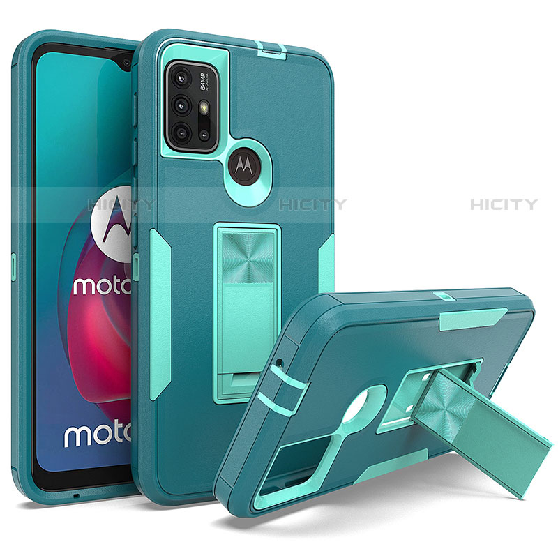 Silikon Hülle Handyhülle und Kunststoff Schutzhülle Hartschalen Tasche mit Magnetisch Ständer für Motorola Moto G10 Grün