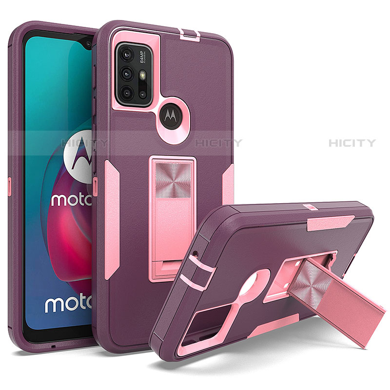 Silikon Hülle Handyhülle und Kunststoff Schutzhülle Hartschalen Tasche mit Magnetisch Ständer für Motorola Moto G10 Power Violett