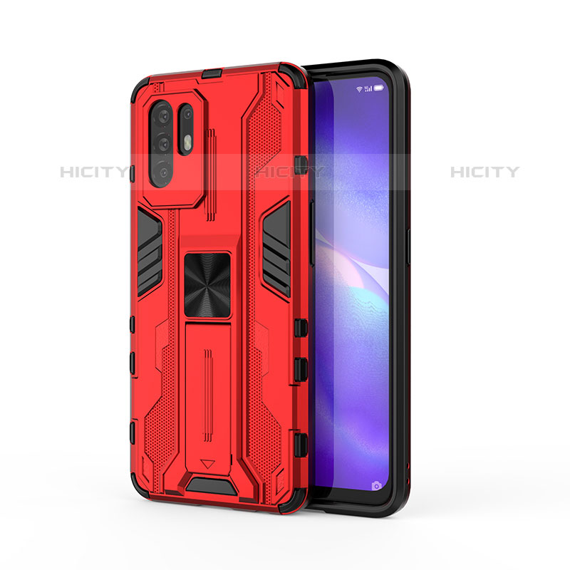 Silikon Hülle Handyhülle und Kunststoff Schutzhülle Hartschalen Tasche mit Magnetisch Ständer für Oppo F19 Pro+ Plus 5G Rot