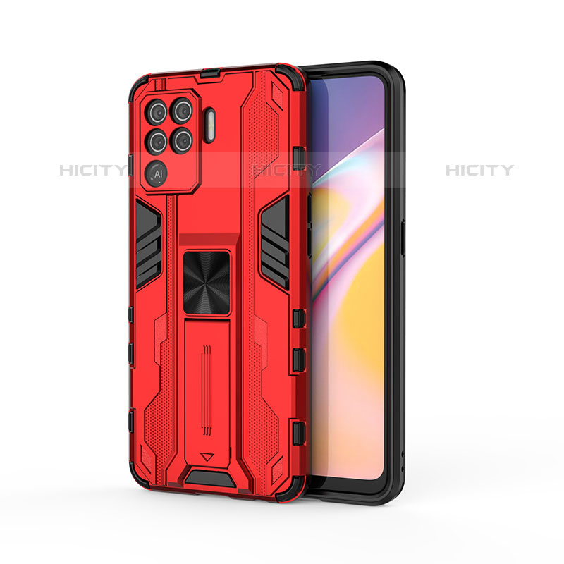 Silikon Hülle Handyhülle und Kunststoff Schutzhülle Hartschalen Tasche mit Magnetisch Ständer für Oppo F19 Pro Rot Plus