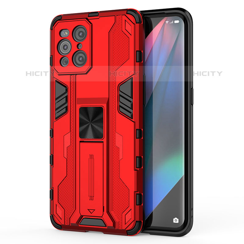 Silikon Hülle Handyhülle und Kunststoff Schutzhülle Hartschalen Tasche mit Magnetisch Ständer für Oppo Find X3 Pro 5G Rot Plus