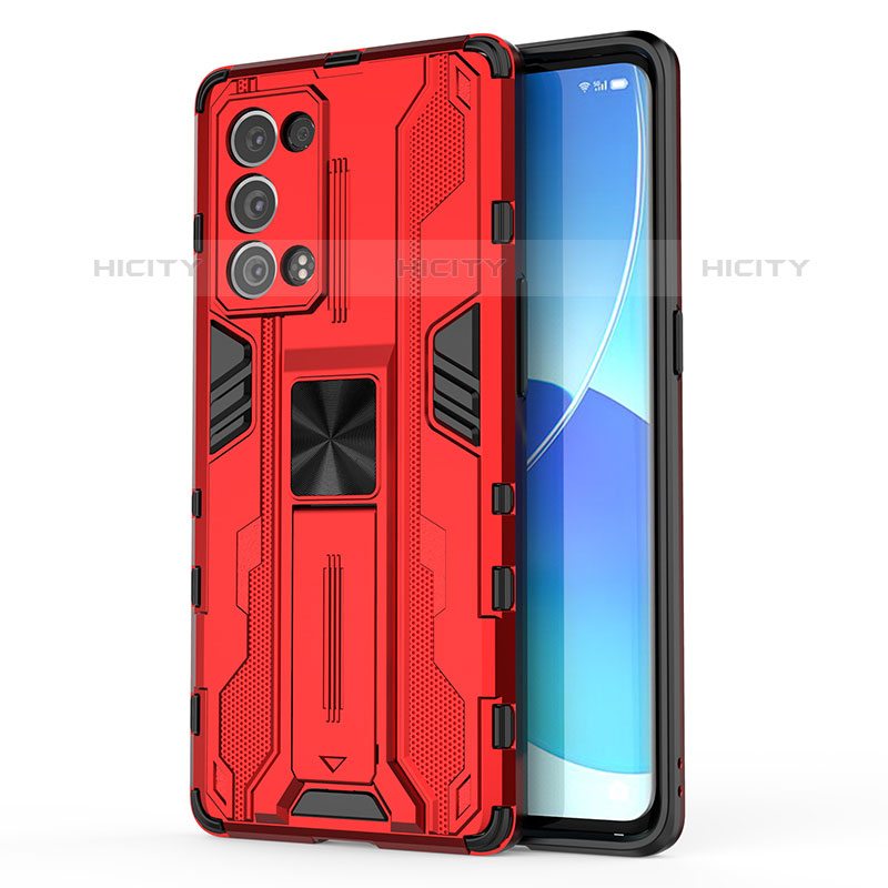 Silikon Hülle Handyhülle und Kunststoff Schutzhülle Hartschalen Tasche mit Magnetisch Ständer für Oppo Reno6 Pro 5G Rot Plus