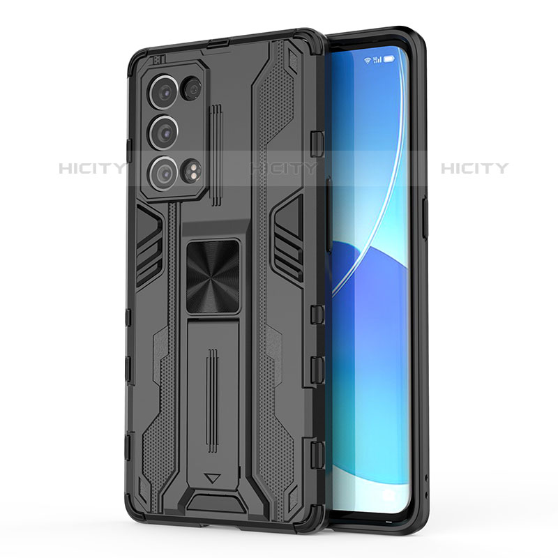 Silikon Hülle Handyhülle und Kunststoff Schutzhülle Hartschalen Tasche mit Magnetisch Ständer für Oppo Reno6 Pro 5G Schwarz