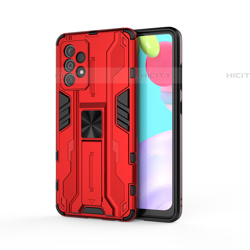 Silikon Hülle Handyhülle und Kunststoff Schutzhülle Hartschalen Tasche mit Magnetisch Ständer für Samsung Galaxy A52 4G Rot Plus