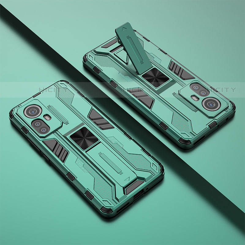 Silikon Hülle Handyhülle und Kunststoff Schutzhülle Hartschalen Tasche mit Magnetisch Ständer für Xiaomi Mi 12S 5G Grün Plus